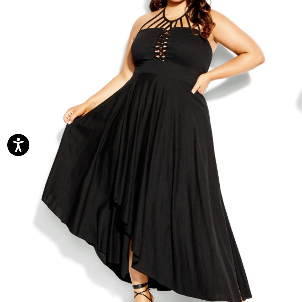 City Chic Black Halter Maxi Dress High-Low Cocktail